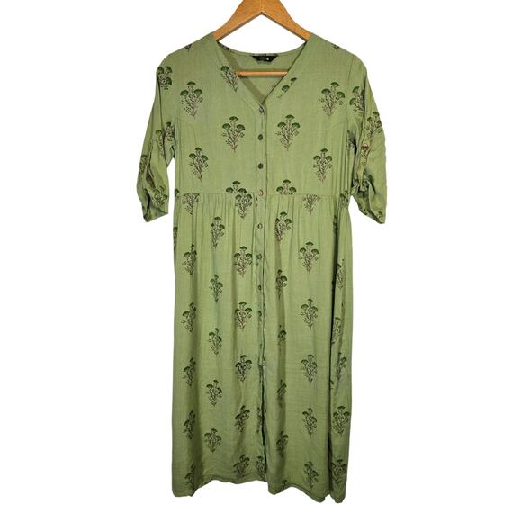 Indya Block Printed Cotton Long Made India Floral Midi Dress Boho Hippie Large - Picture 1 of 6